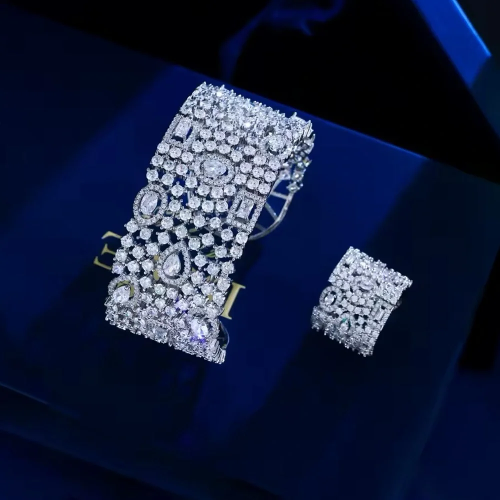 Luxury Cubic Zirconia Cuff Bracelet & Ring Set – Silver Tone - Picture 1 of 17